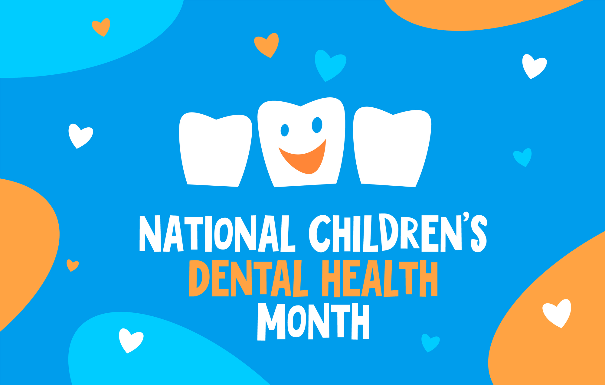 National Children s Dental Health Month vector banner. Protecting teeth and promoting good health, prevention of dental caries in children. Logo design for the children’s dentist clinic. Illustration celebrating national children's dental health month with a smiling tooth character.