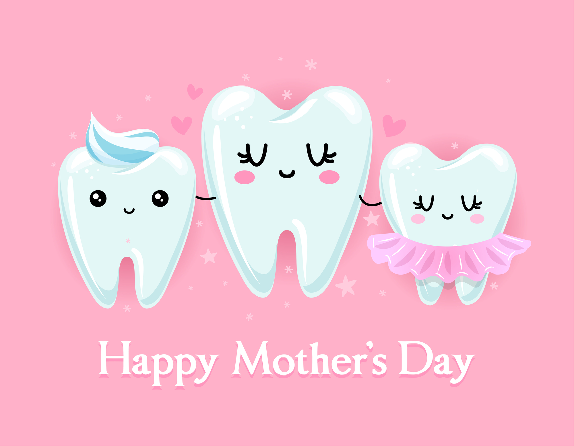 Three cute cartoon teeth celebrating mother's day on a pink background.