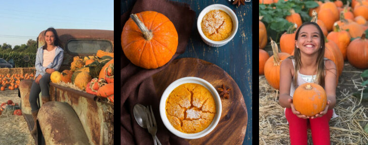 Happy November Teddy A girl is standing in front of pumpkins and bowls of soup.