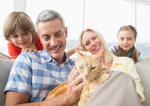 A family sitting on a couch with a cat.
