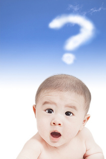 A baby with a question mark over his head.