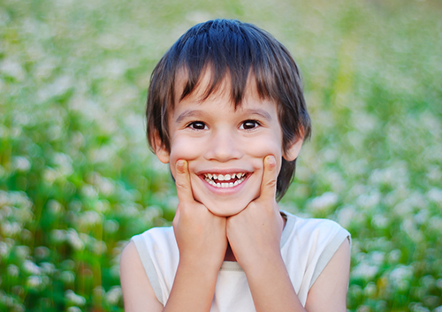 preventing_toddler_tooth_decay2 A young boy is smiling in a field of flowers.